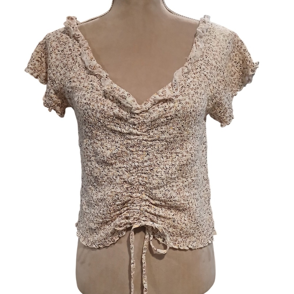 Floral Smocked V-Neck Drawstring Top Short Sleeve Ruffle Trim Cream Pink Rayon